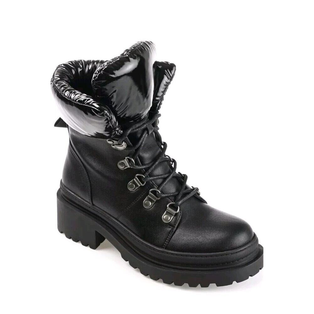 NEW Journee Collection‎ Puff Ankle Black Leather Combat Boots Chunky Heel Sz 11